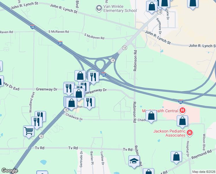 map of restaurants, bars, coffee shops, grocery stores, and more near 2689-2847 Greenway Drive in Jackson