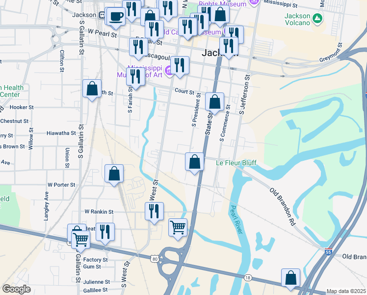 map of restaurants, bars, coffee shops, grocery stores, and more near 400 East Silas Brown Street in Jackson
