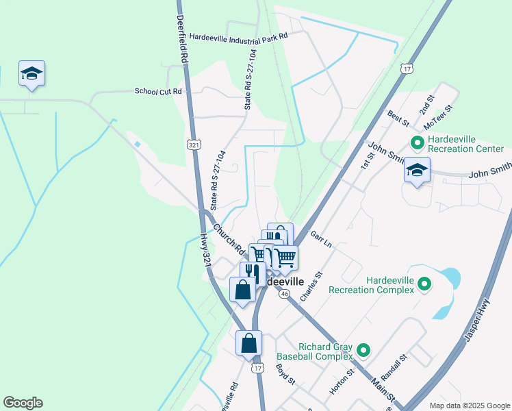 map of restaurants, bars, coffee shops, grocery stores, and more near Sanders Rd in Hardeeville