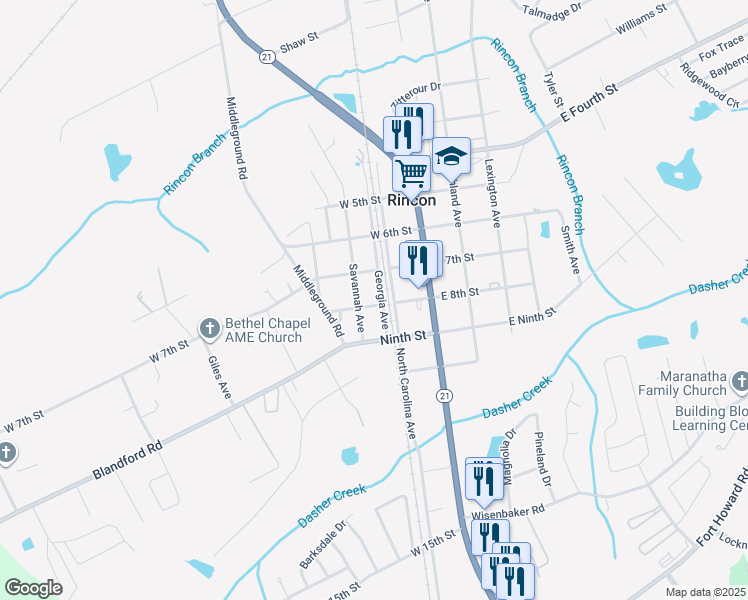 map of restaurants, bars, coffee shops, grocery stores, and more near 201 Georgia Avenue in Rincon