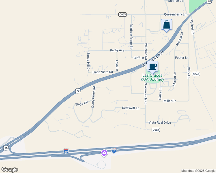 map of restaurants, bars, coffee shops, grocery stores, and more near 6010 Dry Canyon Road in Las Cruces