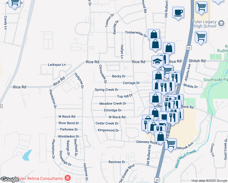 map of restaurants, bars, coffee shops, grocery stores, and more near 704 Spring Creek Drive in Tyler