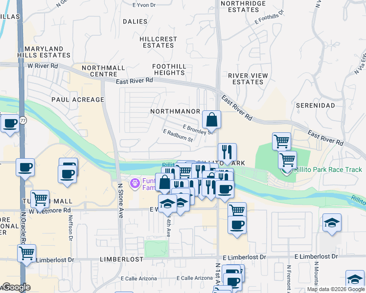 map of restaurants, bars, coffee shops, grocery stores, and more near 470 East Cedarvale Road in Tucson