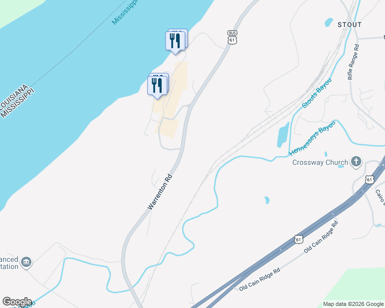 map of restaurants, bars, coffee shops, grocery stores, and more near 1535 Warrenton Road in Vicksburg