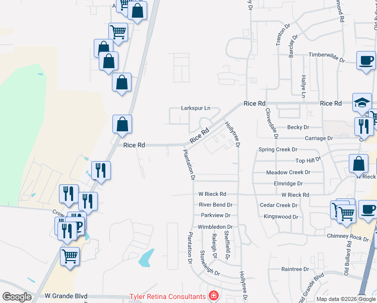 map of restaurants, bars, coffee shops, grocery stores, and more near 1406 Rice Road in Tyler