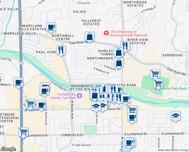 map of restaurants, bars, coffee shops, grocery stores, and more near 334 East Cedarvale Road in Tucson