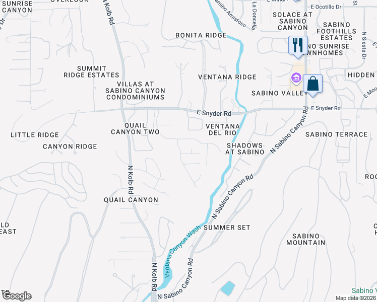 map of restaurants, bars, coffee shops, grocery stores, and more near 7446 East Wandering Road in Tucson