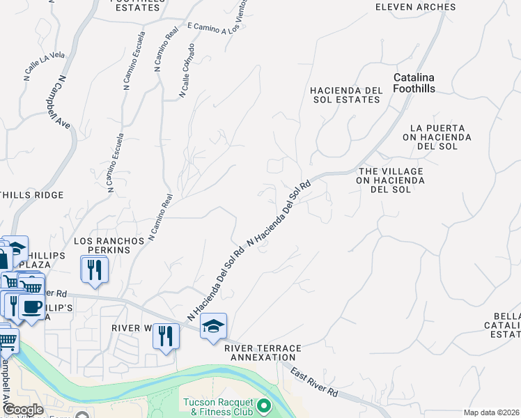 map of restaurants, bars, coffee shops, grocery stores, and more near 4675 North Camino Ocotillo in Tucson