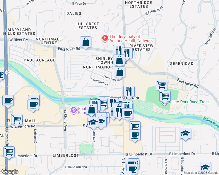 map of restaurants, bars, coffee shops, grocery stores, and more near 4720 North 2nd Avenue in Tucson