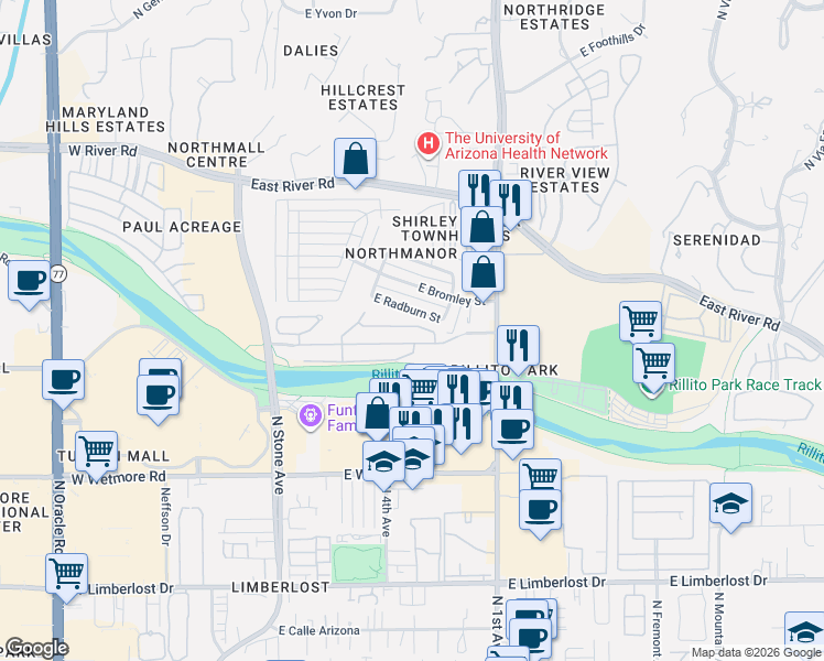 map of restaurants, bars, coffee shops, grocery stores, and more near 517 East Radburn Street in Tucson