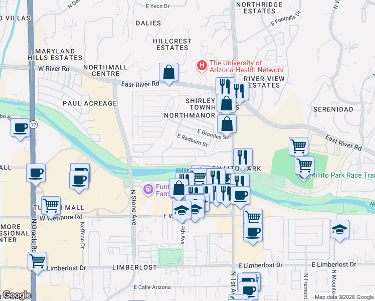 map of restaurants, bars, coffee shops, grocery stores, and more near 416 East Radburn Street in Tucson