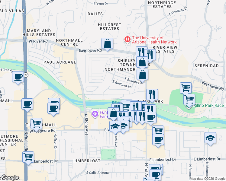 map of restaurants, bars, coffee shops, grocery stores, and more near 416 East Radburn Street in Tucson