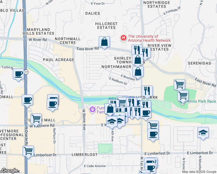 map of restaurants, bars, coffee shops, grocery stores, and more near 416 East Radburn Street in Tucson