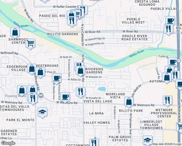 map of restaurants, bars, coffee shops, grocery stores, and more near 1327 West Mohawk Drive in Tucson