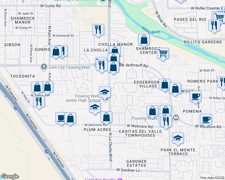 map of restaurants, bars, coffee shops, grocery stores, and more near in Flowing Wells