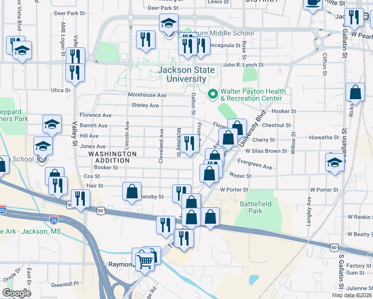 map of restaurants, bars, coffee shops, grocery stores, and more near 1233 Hill Avenue in Jackson