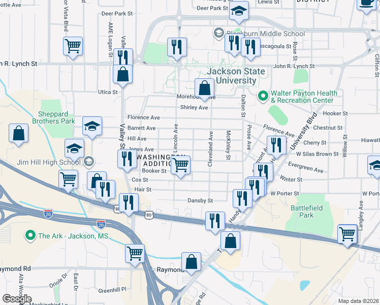 map of restaurants, bars, coffee shops, grocery stores, and more near 1439 Hill Avenue in Jackson