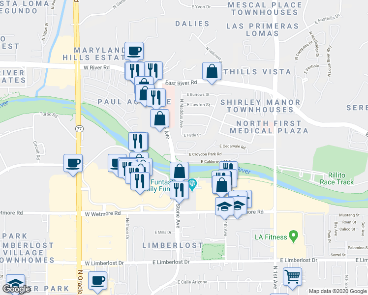 map of restaurants, bars, coffee shops, grocery stores, and more near 167 East Castlefield Circle in Tucson