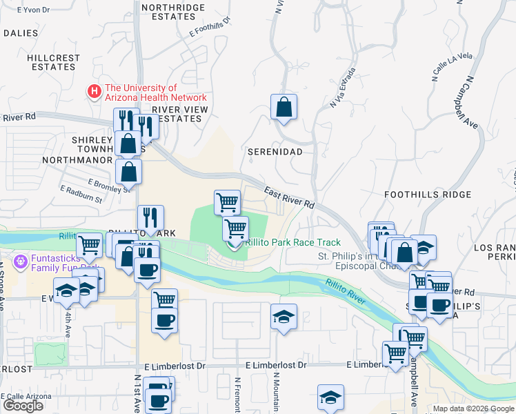 map of restaurants, bars, coffee shops, grocery stores, and more near 1200 East River Road in Tucson