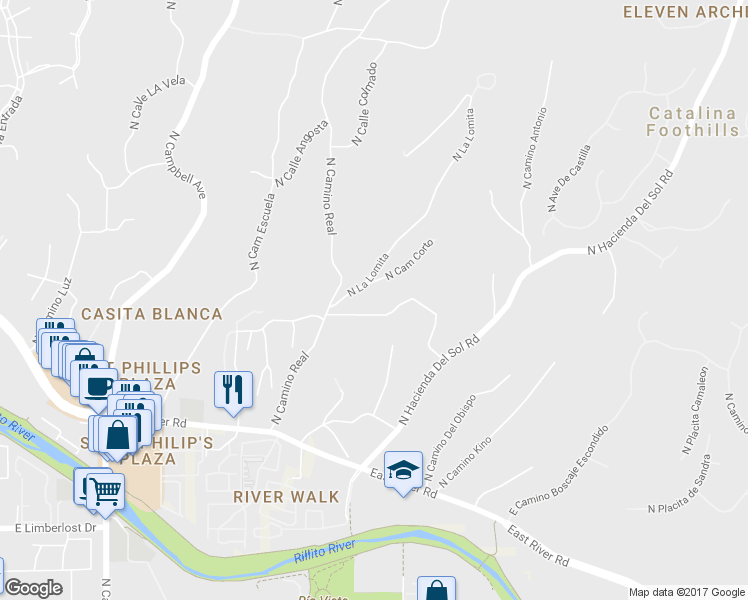 map of restaurants, bars, coffee shops, grocery stores, and more near 4700 North Cam Corto in Tucson