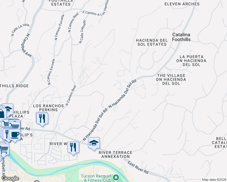 map of restaurants, bars, coffee shops, grocery stores, and more near 4675 North Camino Ocotillo in Tucson
