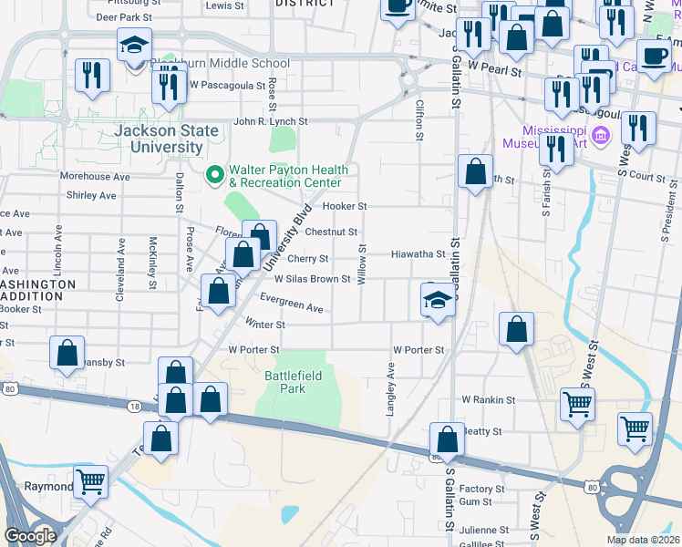 map of restaurants, bars, coffee shops, grocery stores, and more near 618 Cherry Street in Jackson