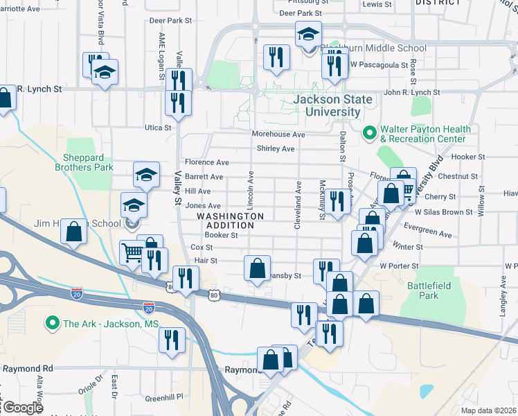 map of restaurants, bars, coffee shops, grocery stores, and more near 1706 Lincoln Avenue in Jackson