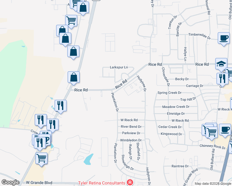 map of restaurants, bars, coffee shops, grocery stores, and more near 1406 Rice Road in Tyler