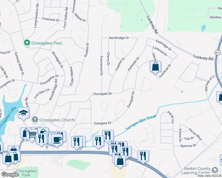 map of restaurants, bars, coffee shops, grocery stores, and more near 404 Treeline Drive in Brandon