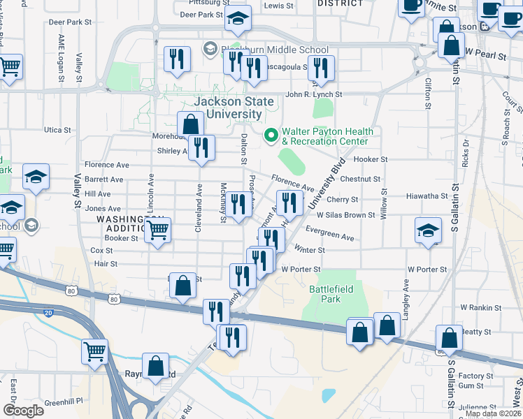 map of restaurants, bars, coffee shops, grocery stores, and more near 1118 West Silas Brown Street in Jackson