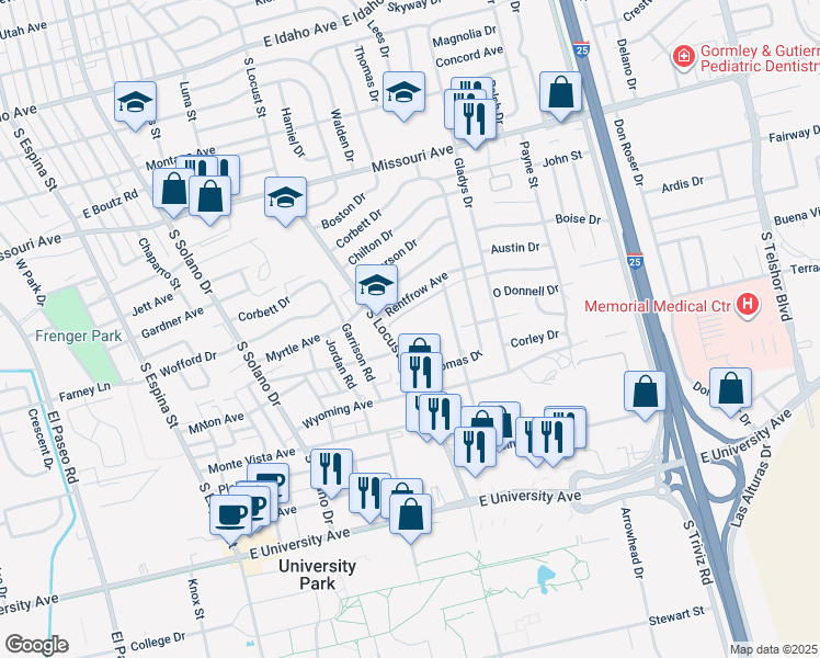 map of restaurants, bars, coffee shops, grocery stores, and more near 2005 South Locust Street in Las Cruces