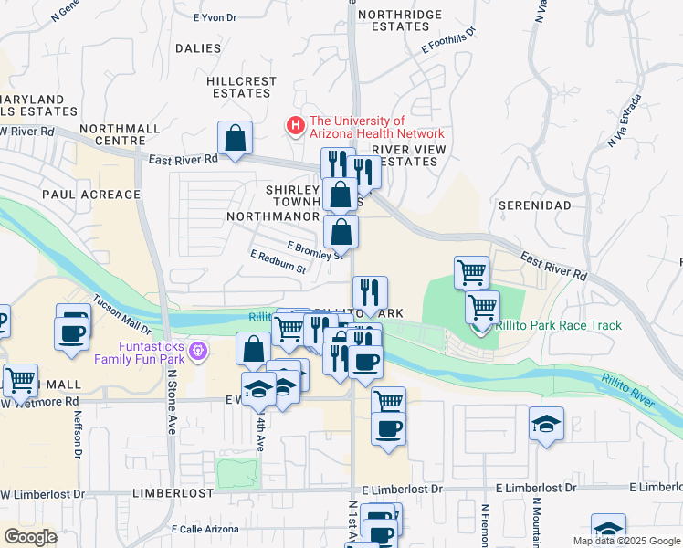 map of restaurants, bars, coffee shops, grocery stores, and more near 4633 North 1st Avenue in Tucson