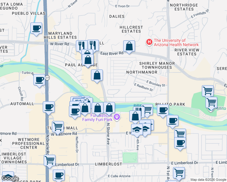 map of restaurants, bars, coffee shops, grocery stores, and more near 281 East Hyde Street in Tucson