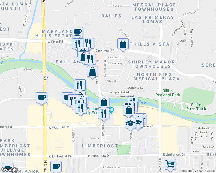 map of restaurants, bars, coffee shops, grocery stores, and more near 123 East Castlefield Circle in Tucson