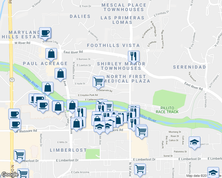 map of restaurants, bars, coffee shops, grocery stores, and more near 526 East Radburn Street in Tucson