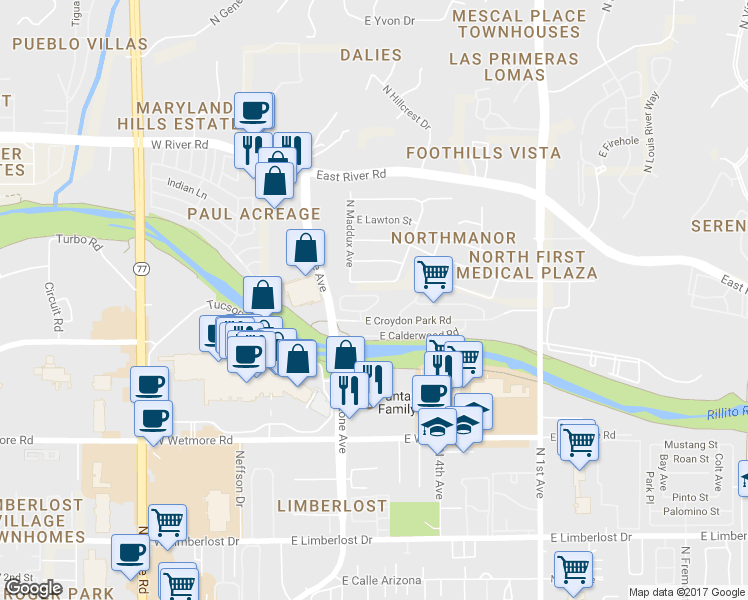 map of restaurants, bars, coffee shops, grocery stores, and more near 101 East Castlefield Circle in Tucson