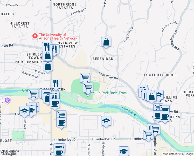 map of restaurants, bars, coffee shops, grocery stores, and more near 1200 East River Road in Tucson