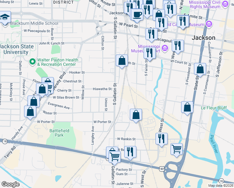 map of restaurants, bars, coffee shops, grocery stores, and more near 812 South Gallatin Street in Jackson