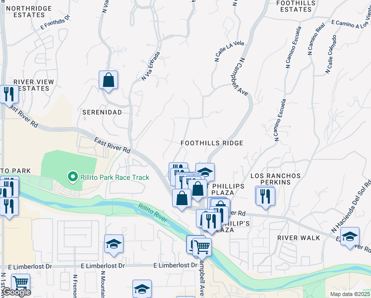 map of restaurants, bars, coffee shops, grocery stores, and more near 4647 North Campbell Avenue in Tucson