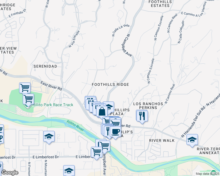 map of restaurants, bars, coffee shops, grocery stores, and more near 4647 North Campbell Avenue in Tucson