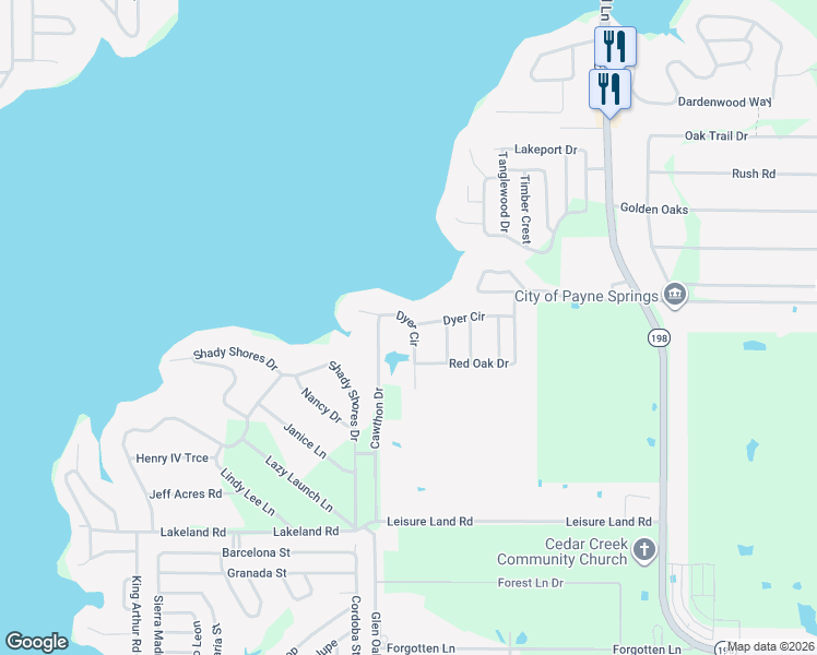 map of restaurants, bars, coffee shops, grocery stores, and more near 305 Dyer Circle in Mabank