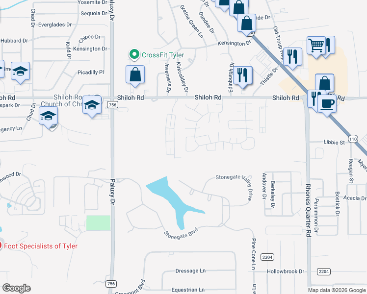 map of restaurants, bars, coffee shops, grocery stores, and more near 2525 Shiloh Road in Tyler