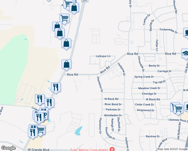map of restaurants, bars, coffee shops, grocery stores, and more near 1402 Rice Road in Tyler