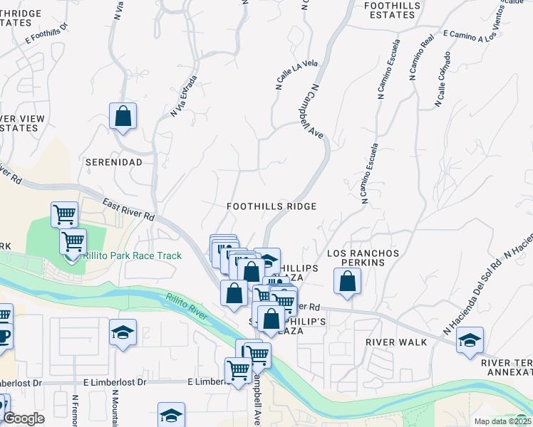 map of restaurants, bars, coffee shops, grocery stores, and more near 1936 East Campbell Terrace in Tucson