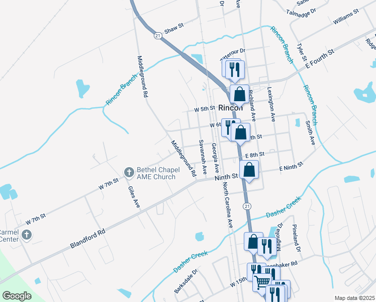 map of restaurants, bars, coffee shops, grocery stores, and more near 207 Savannah Avenue in Rincon
