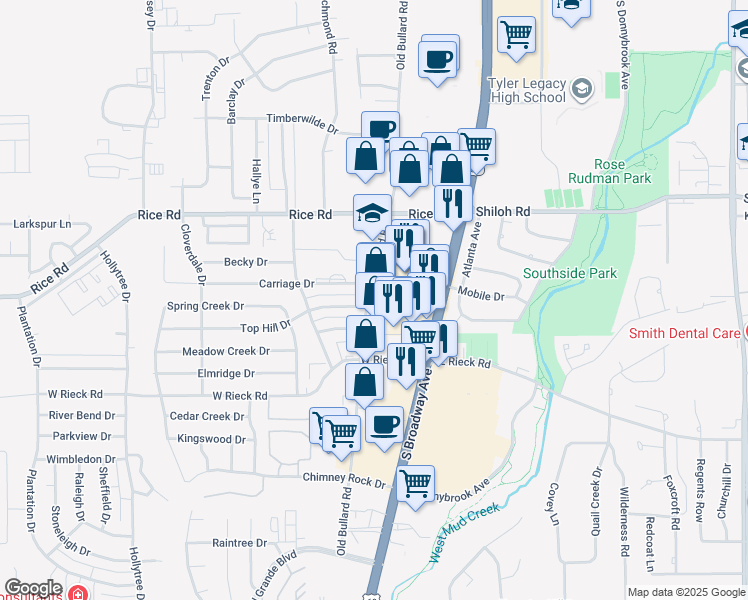 map of restaurants, bars, coffee shops, grocery stores, and more near 5220 Old Bullard Road in Tyler