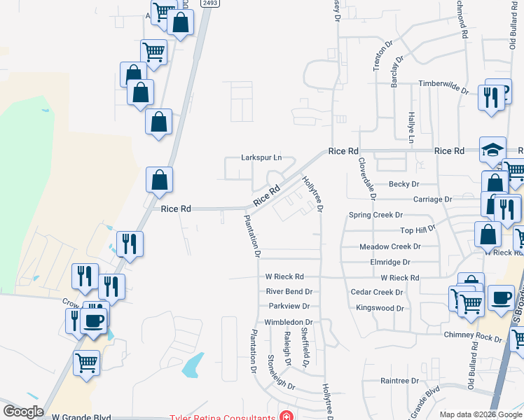 map of restaurants, bars, coffee shops, grocery stores, and more near 1202 Rice Road in Tyler