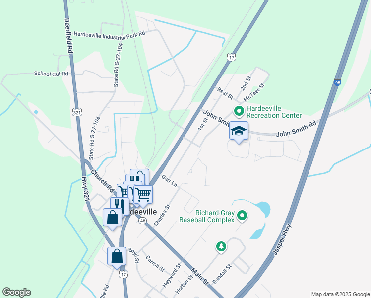 map of restaurants, bars, coffee shops, grocery stores, and more near 1st Street in Hardeeville