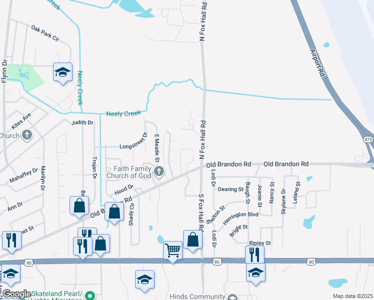 map of restaurants, bars, coffee shops, grocery stores, and more near 3910 Old Brandon Road in Pearl