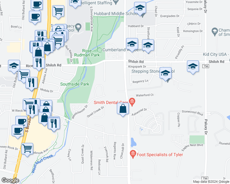 map of restaurants, bars, coffee shops, grocery stores, and more near 5317 New Copeland Road in Tyler